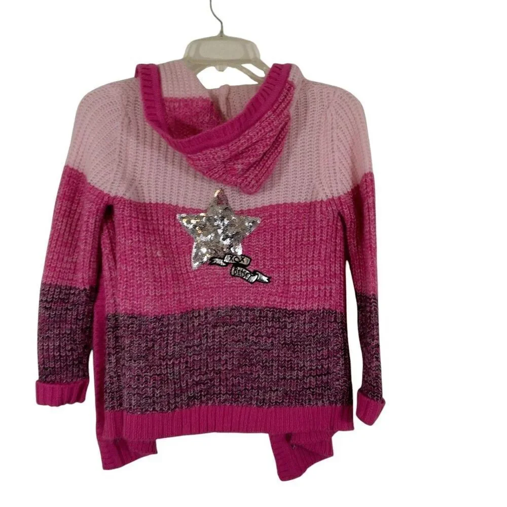 Betsey Johnson Girls 6X Cardigan Hooded Sweater Pink Open Front Sequin Star